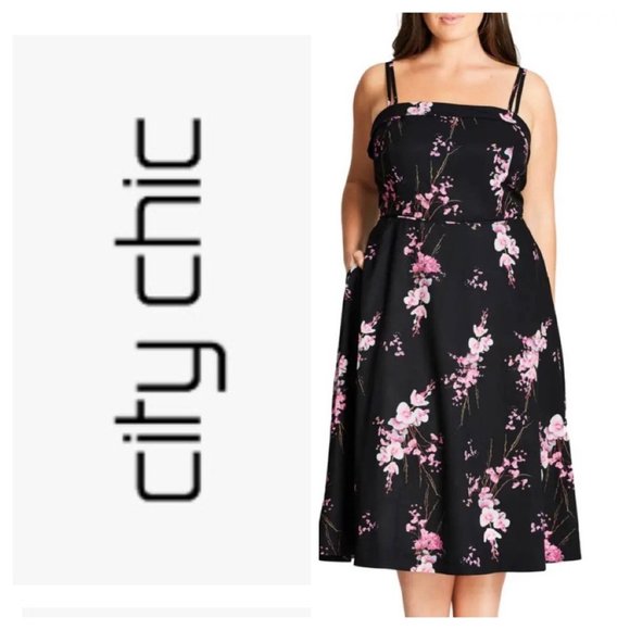 City Chic Orchid Midi Pocket Black Floral Dress - Picture 7 of 13